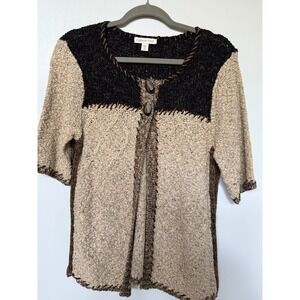Coldwater Creek Knit Cardigan Sweater Brown Black Short Sleeve Buttons M